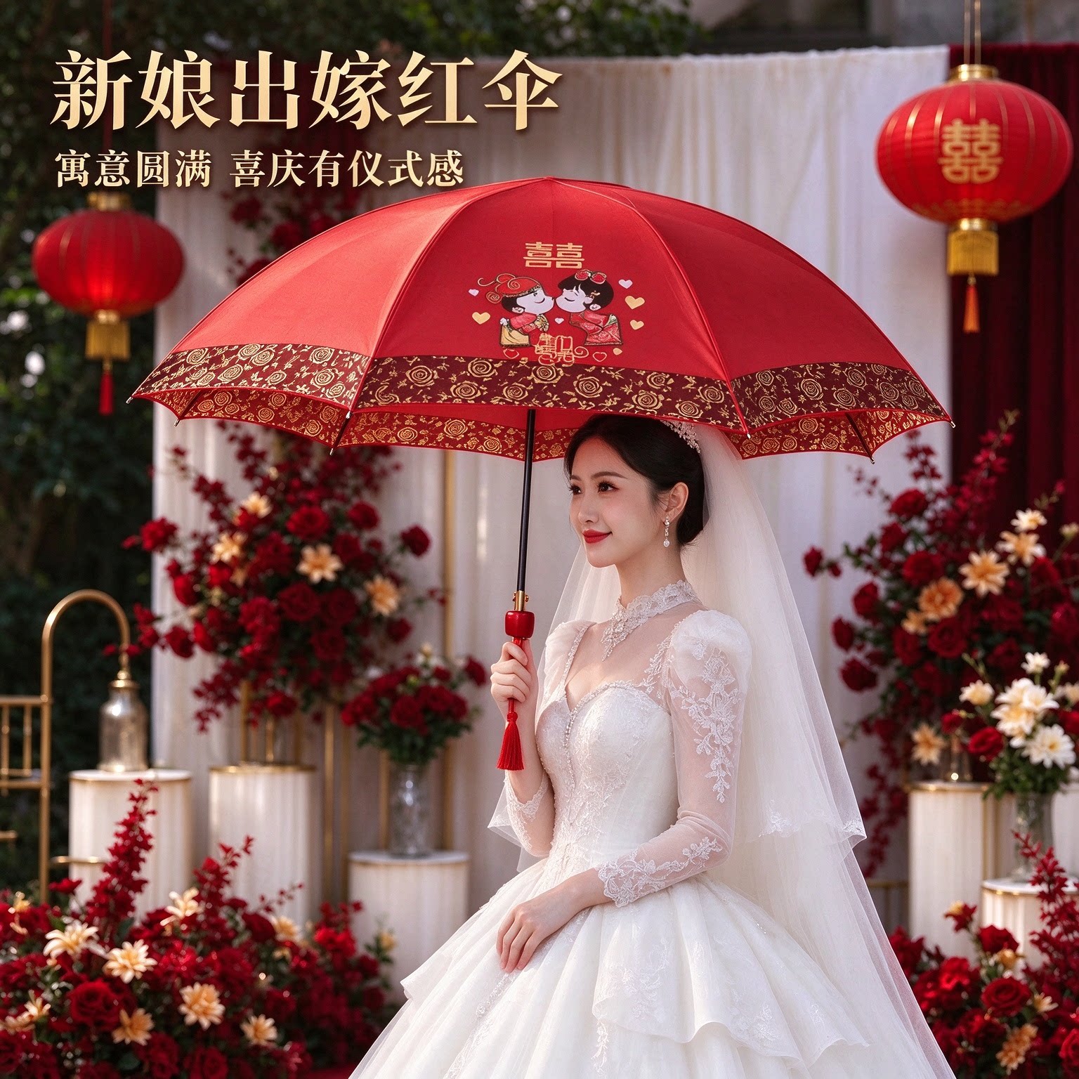 新娘出嫁红伞中式婚礼喜伞折叠直杆伞囍字蕾丝花边流苏结婚雨伞