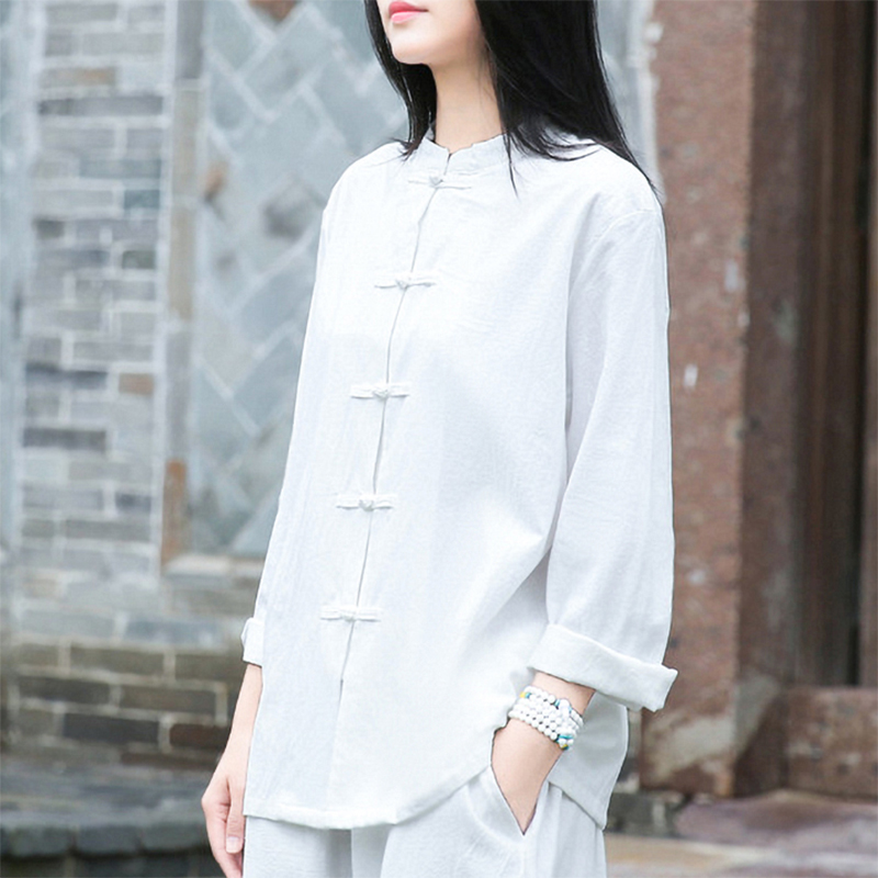 亚麻衬衫上衣女春秋2025新款国风时尚宽松复古太极服棉麻立领衬衣