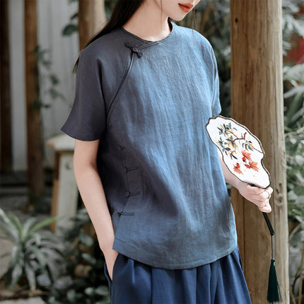 亚麻复古新中式短袖T恤女夏季2025新款棉麻国风小衫文艺上衣衬衫