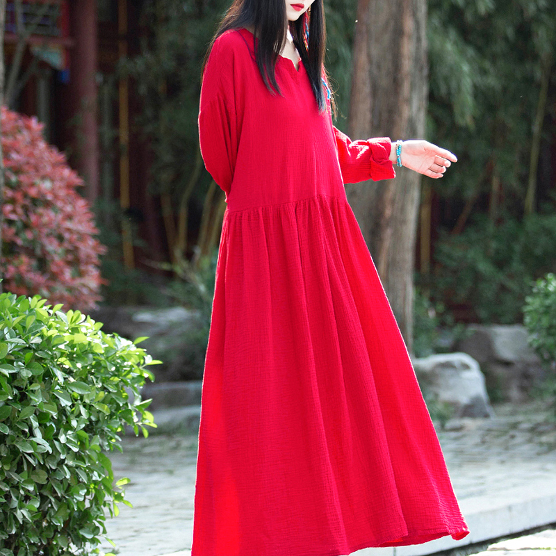 亚麻连衣裙2025新款女春秋遮肚仙气宽松大码棉麻文艺旅行长裙袍子