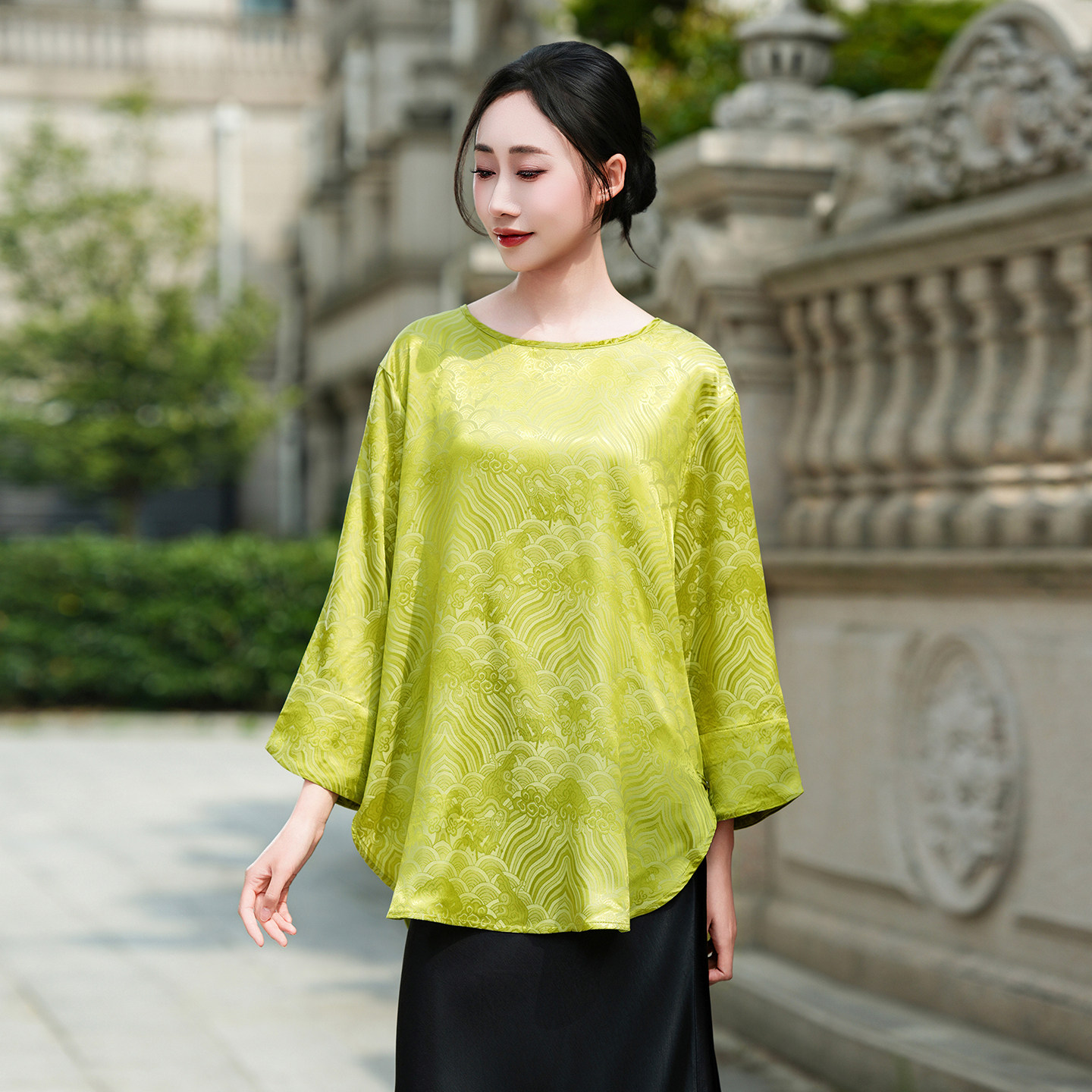 新中式提花雪纺上衣女2026春季新款宽松九分袖中长款国风衬衫T恤