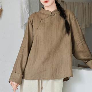 亚麻复古新中式偏襟衬衫女式2025春秋新款高级感国风禅意茶服上衣