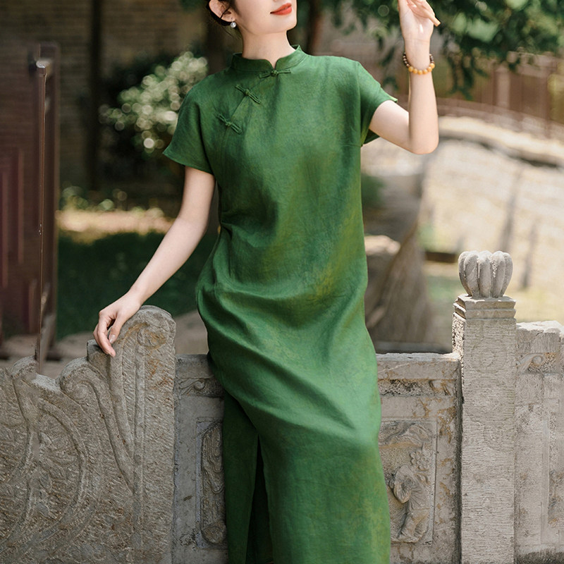 亚麻新中式复古改良旗袍裙女夏季2026新款文艺印花短袖国风连衣裙