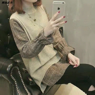 喇叭袖韩版女上衣针织衫春秋2026格子新款宽松毛衣假两件拼接套头