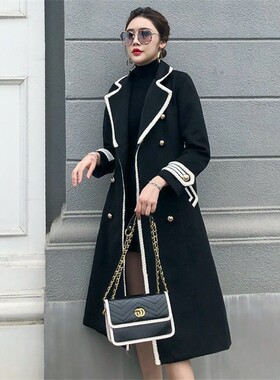 过膝毛呢外套女中长款秋冬英伦赫本风加厚修身双排扣大衣