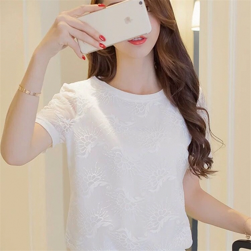 雪纺衫女2025夏装新款白色圆领t恤打底衫夏季蕾丝小衫短袖上衣棉
