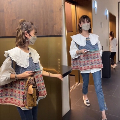 春秋单件套装娃娃领衬衫针织韩版宽松复古马甲女荷叶边衬衣两件套