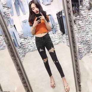 破洞牛仔裤女夏季新款黑灰色毛边网红百搭显瘦高腰九分小脚乞丐裤