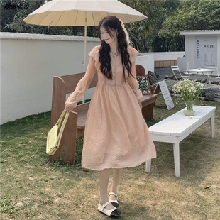 小众设计V领法式荷叶边女春款中长裙年新款2026别致裙子A字连衣裙