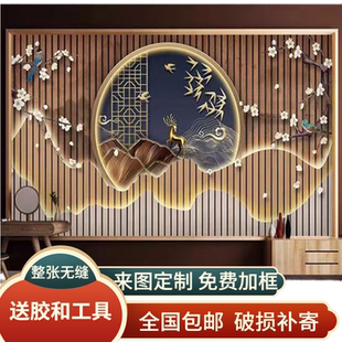 中式山水l阑珊格客厅书房茶馆瑜伽会所美容院前台防水壁画布定制
