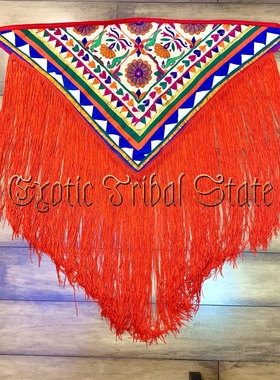 印度手绣重工ATS臀巾美国部落肚皮舞镜面老绣红色系长流苏三角巾