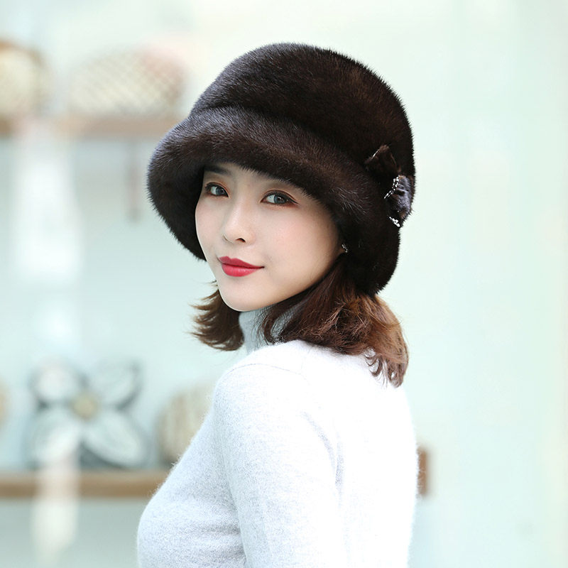 新款水貂皮帽子女时尚带花水貂礼帽冬天保暖皮草帽子韩版女士貂帽