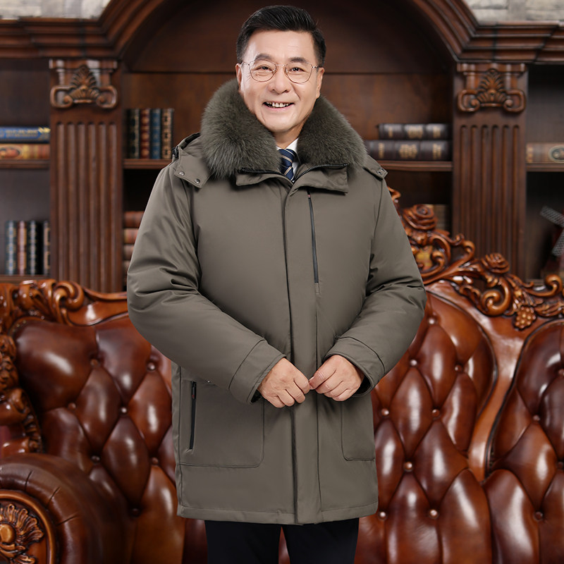 真羊毛皮毛一体棉袄男冬中长款棉衣中老年加厚保暖白鸭绒大码棉服