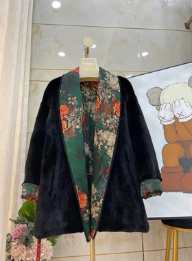 正宗美国进口宝嘉美水貂香云纱整貂皮大衣女两面穿中国风系带外套