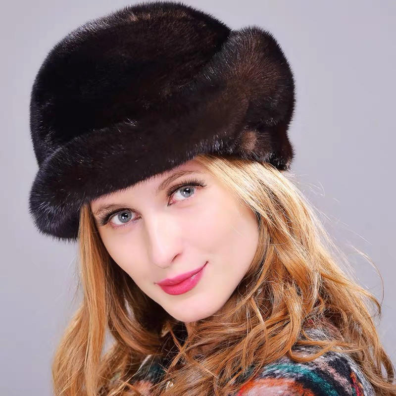 进口水貂皮帽子女士保暖花朵盆帽防寒加厚韩版波浪檐英伦纯色礼帽