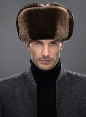 进口加拿大水獭毛雷锋帽冬季男款保暖整张貂皮鸭舌帽新款真皮礼帽