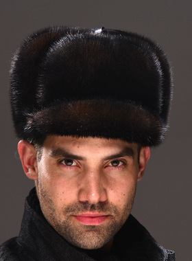 整张进口水貂皮帽子男士真毛皮草新四军中老年前进帽冬季保暖护头