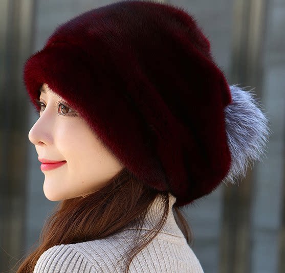 进口水貂蓓蕾帽女士冬季保暖整貂贝雷帽子百搭真皮草礼帽韩版可爱