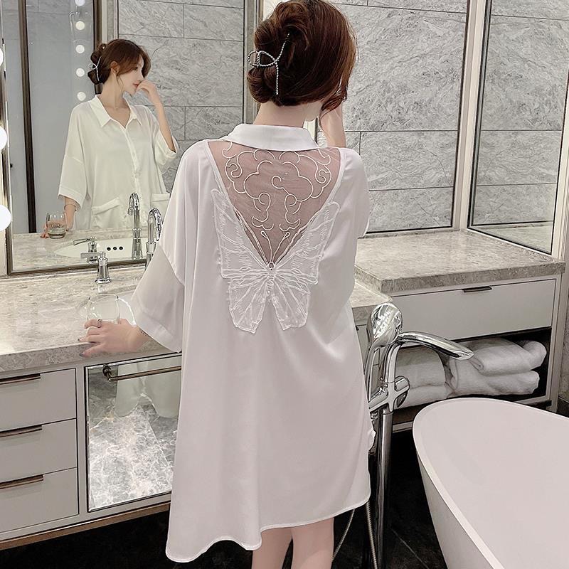 2026年新款睡衣女春夏季冰丝性感蕾丝薄款男友风蝴蝶美背衬衫睡裙