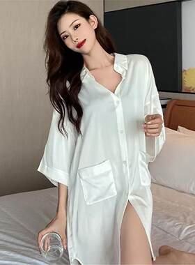 性感男朋友风衬衫式中长款睡衣睡裙春夏薄款丝质宽松家居服女春秋