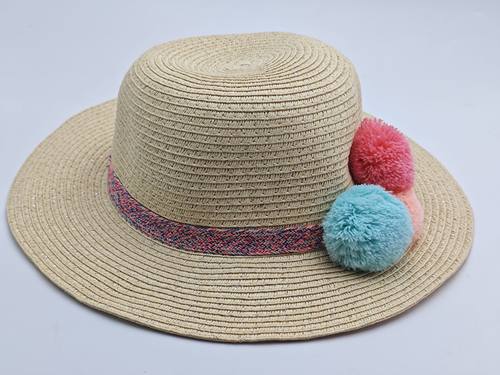 日本单民族风彩色球球波浪边儿童草帽小头围女童宝宝帽子春夏新款