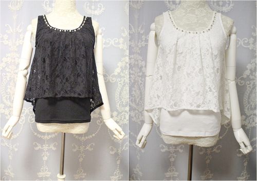 日本黑白色百搭风钉珠钩花打底衫