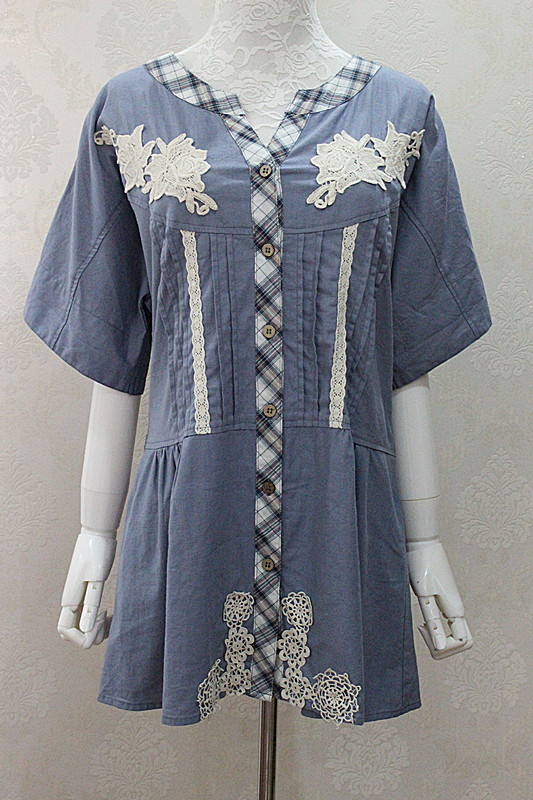 日本森女刺绣钩花全棉中袖衬衫裙