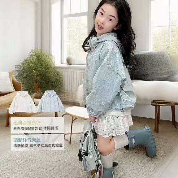女童韩版薄款洋气风衣外套2025春装新款儿童休闲百搭连帽冲锋衣潮