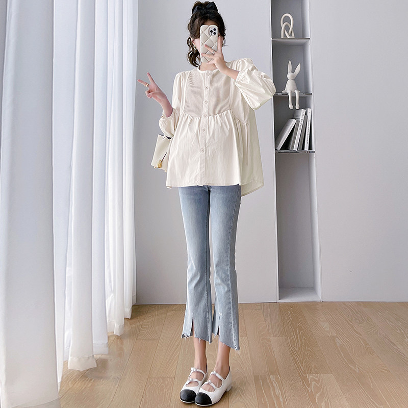 임산부를위한 가을 탑 2024 새로운 패션 한국 스타일 느슨한 배꼽 덮는 셔츠 임산부를위한 다목적 캐주얼 가을 셔츠