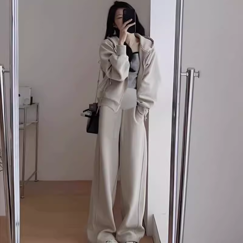 임산부 가을 정장은 패셔너블하고 트렌디한 2024 신상 캐주얼 루즈 스웨트 셔츠와 바지 투피스 세트 봄 가을 스타일