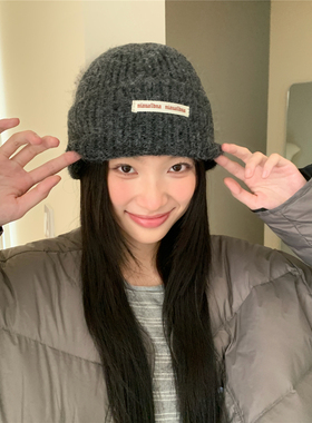 定制款~韩系氛围感字母长标显脸小毛线帽女冬大弹力针织保暖冷帽