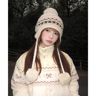 巨出片~费尔岛复古毛球针织帽女冬保暖加绒加厚毛线帽护耳雷锋帽