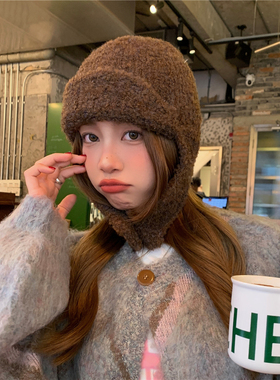 韩国设计师针织圈圈羊毛可爱飞行帽女冬白色护耳保暖毛线雷锋帽子