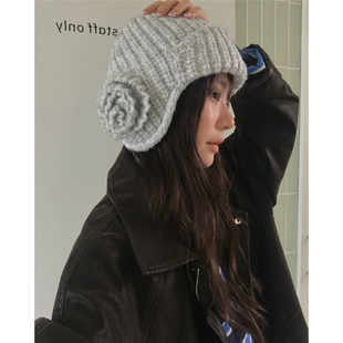 韩国订单｜立体花苞护耳针织飞行帽子女秋冬保暖防寒毛线雷锋帽子