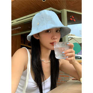 松弛早八b备~可爱减龄短檐牛仔渔夫帽女夏显脸小圆顶水桶帽子盆帽