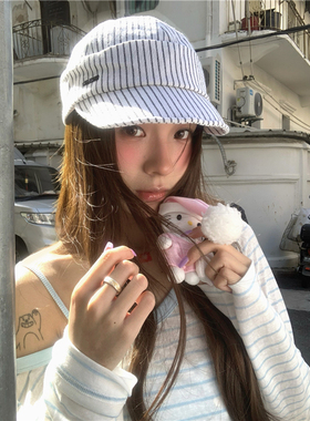 日系松弛感~文艺白色条纹鸭舌报童帽女春夏显脸小棉麻透气遮阳帽