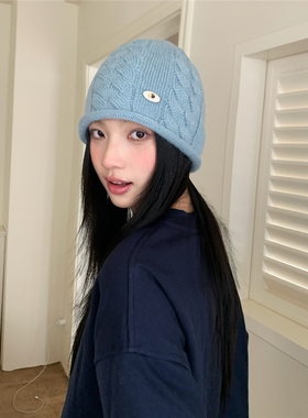 韩女爱了！奶蓝色麻花卷边堆堆毛线帽女秋冬韩系小标针织套头帽潮