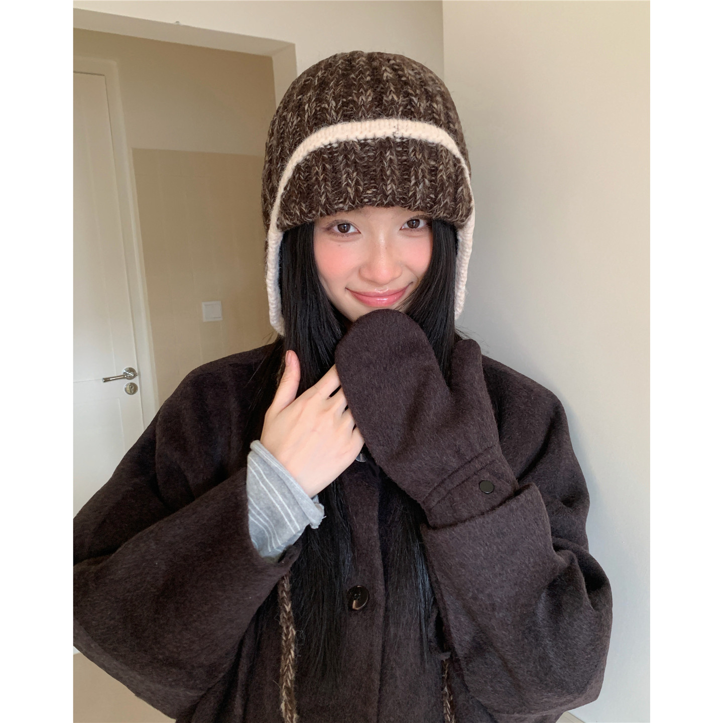 设计款~韩系软糯撞色护耳针织飞行帽子女冬保暖显脸小毛线雷锋帽