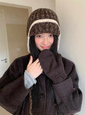 设计款~韩系软糯撞色护耳针织飞行帽子女冬保暖显脸小毛线雷锋帽
