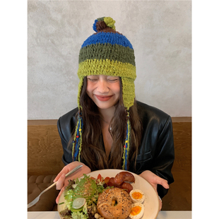 小众街头潮牌羊毛圈圈绒手钩毛线雷锋帽女秋冬季保暖护耳针织冷帽