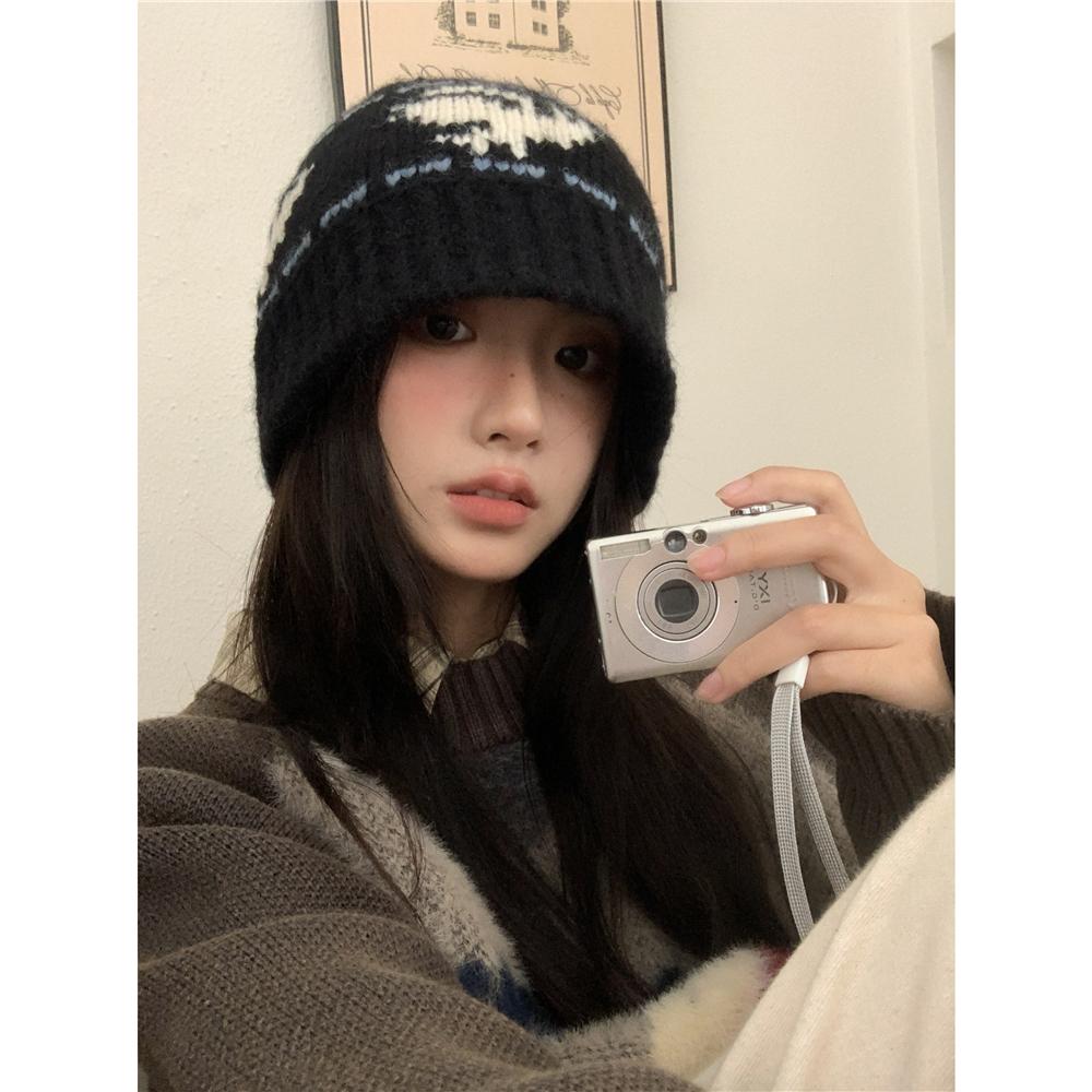 慵懒风~提花钩针黑色复古毛线渔夫帽女秋冬大头围针织显脸小盆帽