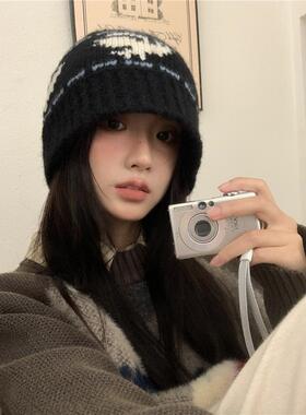 慵懒风~提花钩针黑色复古毛线渔夫帽女秋冬大头围针织显脸小盆帽