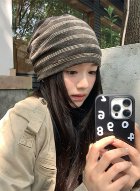 博主款~慵懒感复古条纹显脸小包头堆堆帽女百搭显脸小包头冷帽冬
