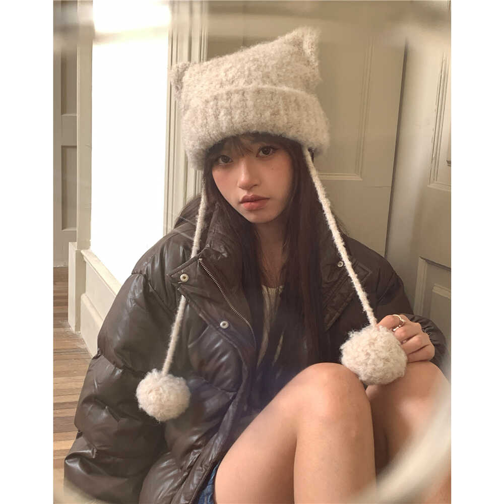 毛线帽可爱小熊耳朵挂毛球秋冬