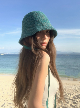 定染蓝绿色~出日本飘带渔夫帽女夏秋针织棉百搭透气显脸小盆帽子