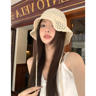 度假拍照b备 韩系镂空可爱系带渔夫帽女夏出游萝莉甜美显脸小盆帽
