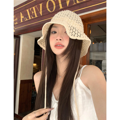 度假拍照b备~韩系镂空可爱系带渔夫帽女夏出游萝莉甜美显脸小盆帽