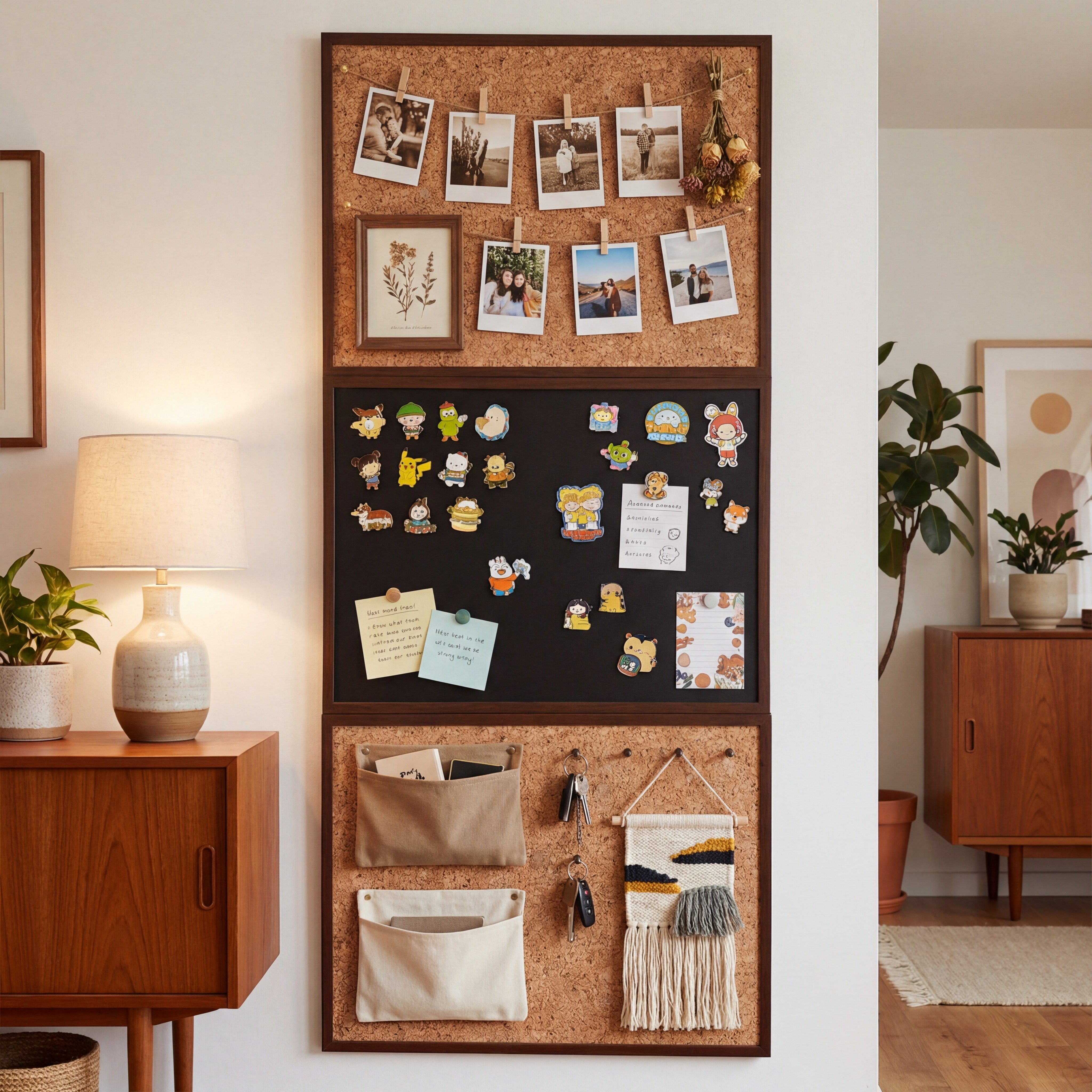 黑板软木板组合磁吸照片墙客厅创意diy背景板磁吸冰箱贴收纳卧室玄关展示板高级感装饰相片展示墙实木小尺寸