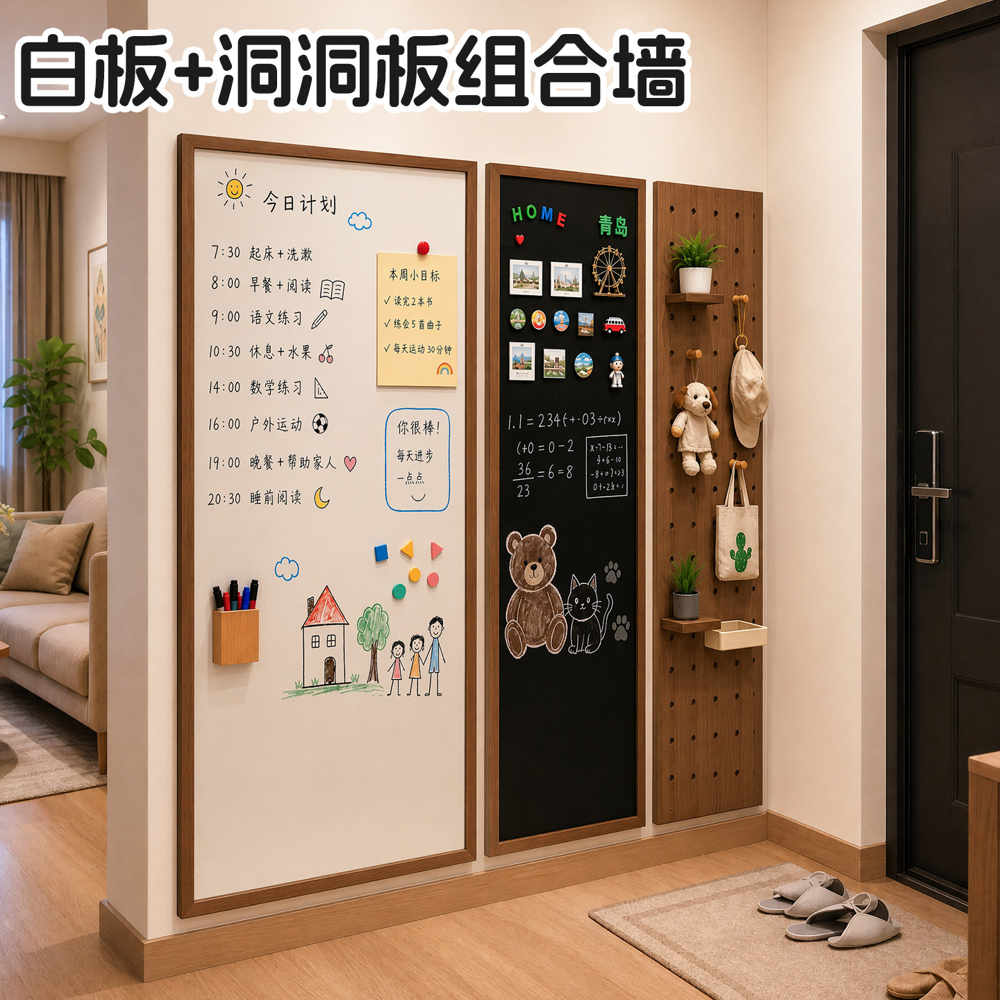 磁吸白板软木组合实木洞洞板图片