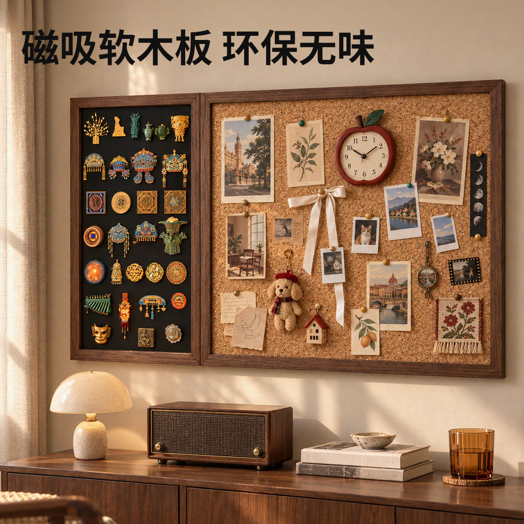 高级感实木框软木板黑板照片墙